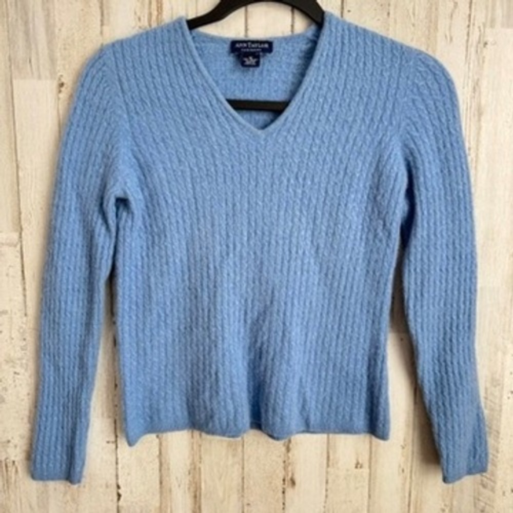 VTG Ann Taylor Sweater Womens M Blue V-Neck 100% Cashmere Cable Knit 90s Cottage
